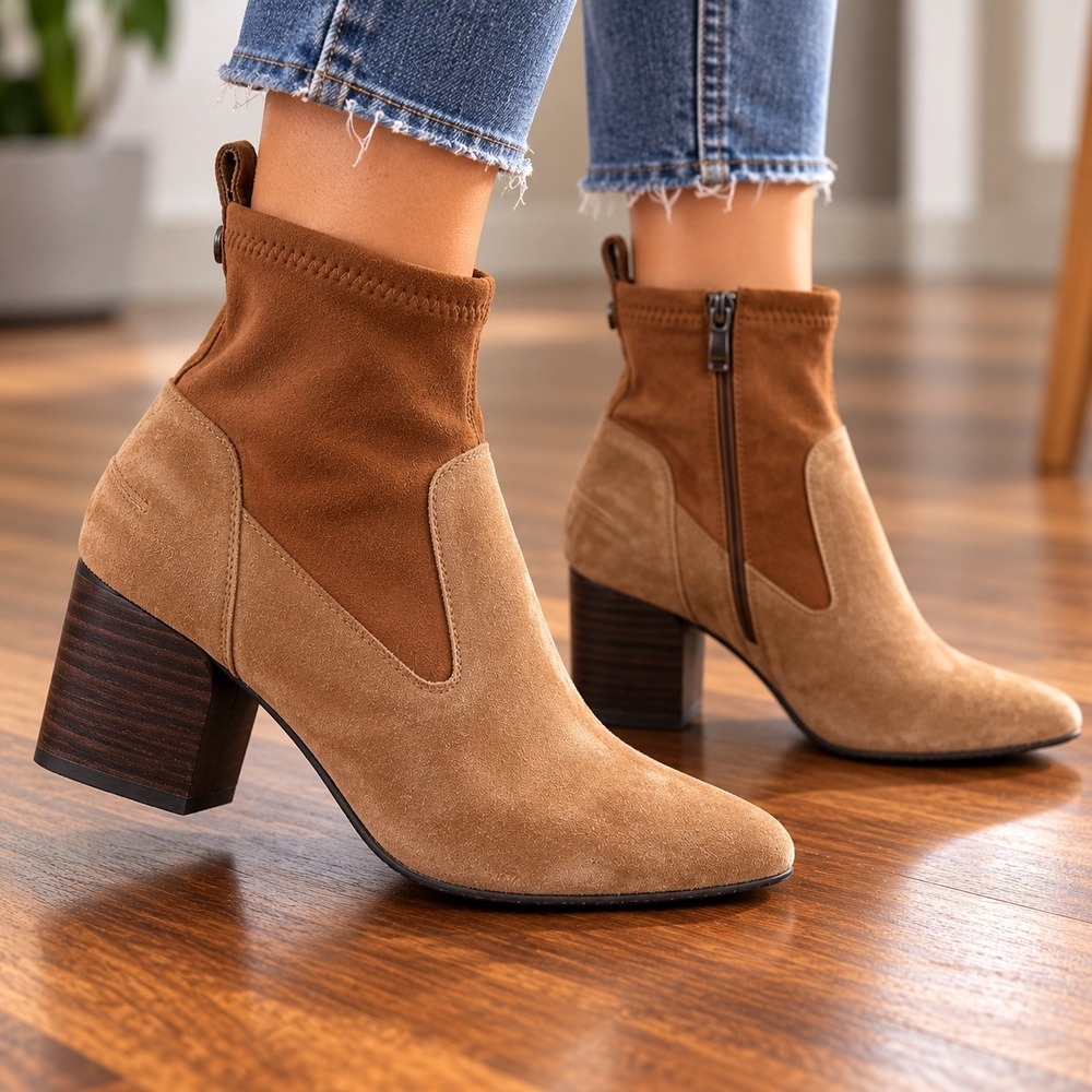 Donald Pliner Womens Two Tone Suede Ankle Boots Pointed Toe Block Heel Tan 6.5M